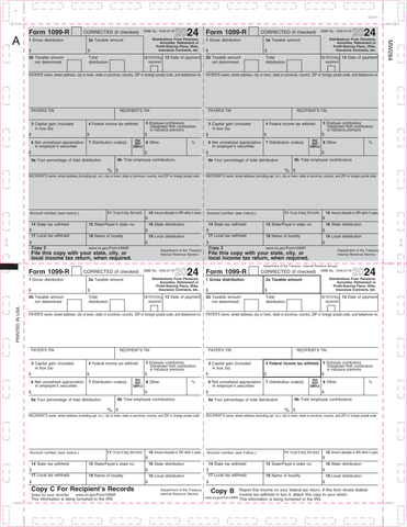 1099-R, 4-Up Box, Two-Copy 2, Copy B and C, V-Fold, 11" (500 Forms)