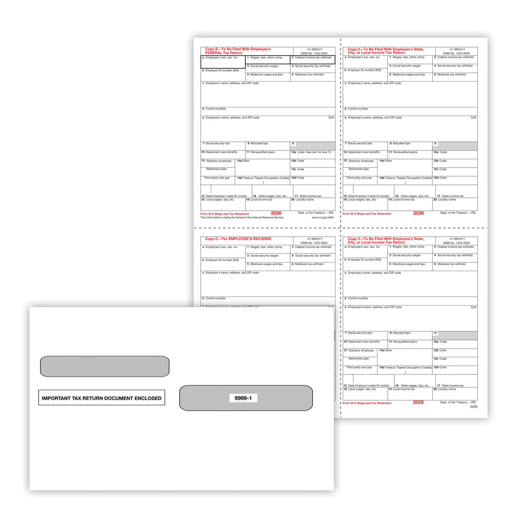 W-2, 4-Up Box, Employee Copy B,C,2 and 2 or Extra Copy with Envelopes