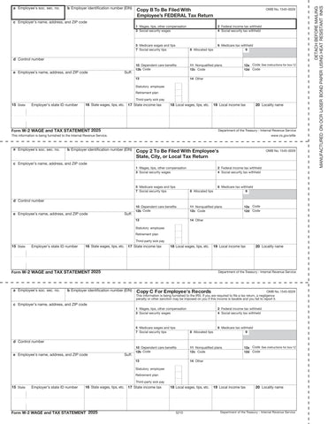 W-2, 3-Up Horizontal, Employee Copy B,C and 2