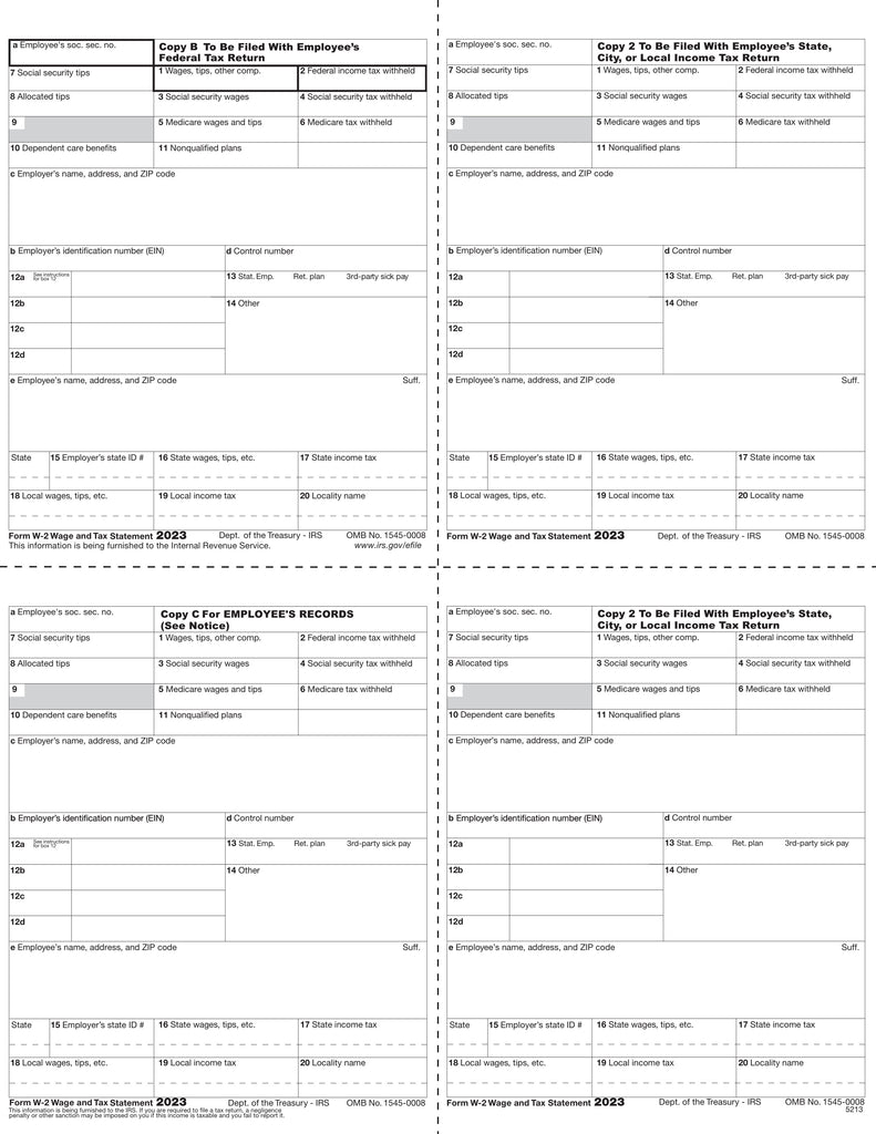 W-2, 4-Up Box, Employee Copy B,C,2 and 2 or Extra Copy (T Style)
