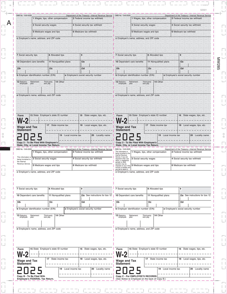 W-2, Employee Copy B,C,2 and 2 or Extra Copy, 4-Up Box, 11" V-Fold (500 Forms)