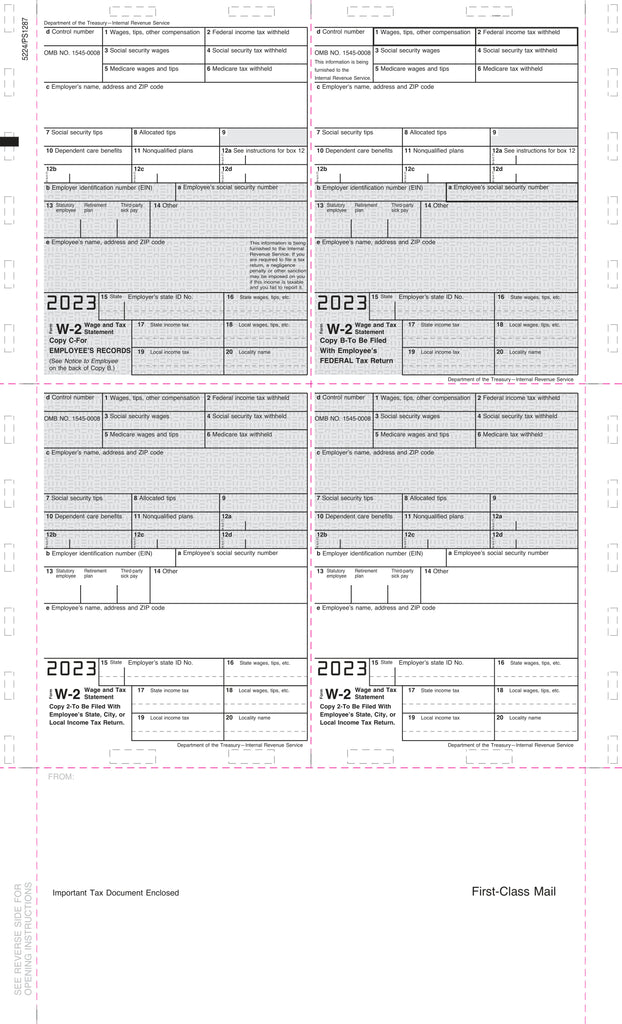 W-2, Employee Copy B,C,2 or Extra Copy, 4-Up Box, 14" Eccentric, Z-Fold (500 Forms)