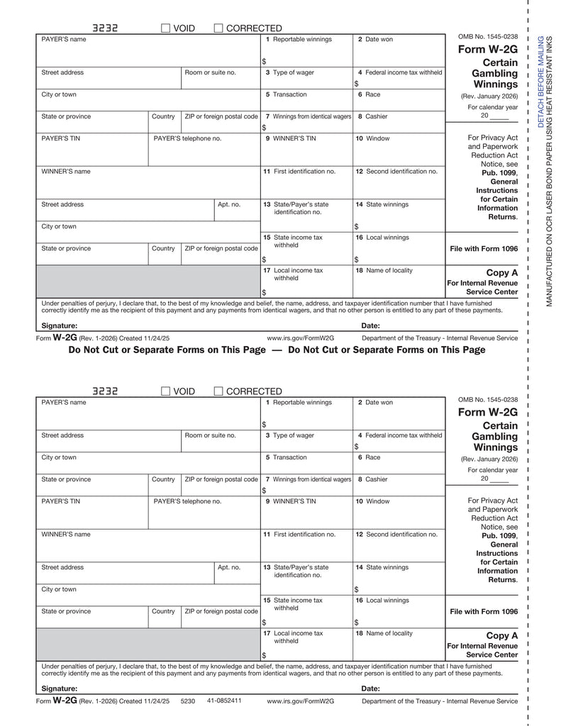 W-2G, Gambling Winnings, Federal Copy A (DATELESS)