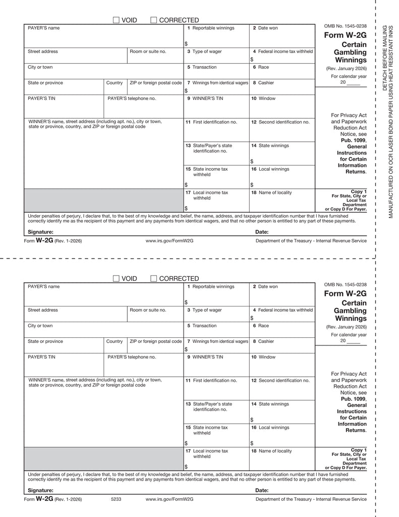W-2G, Gambling Winnings, 1/D Payer and/or State/City Copy (DATELESS)