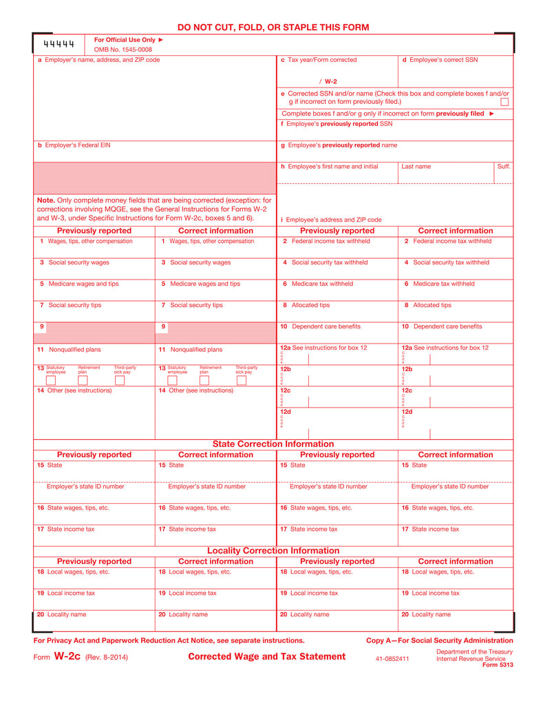 W-2C Fed Copy A, Corrected Income