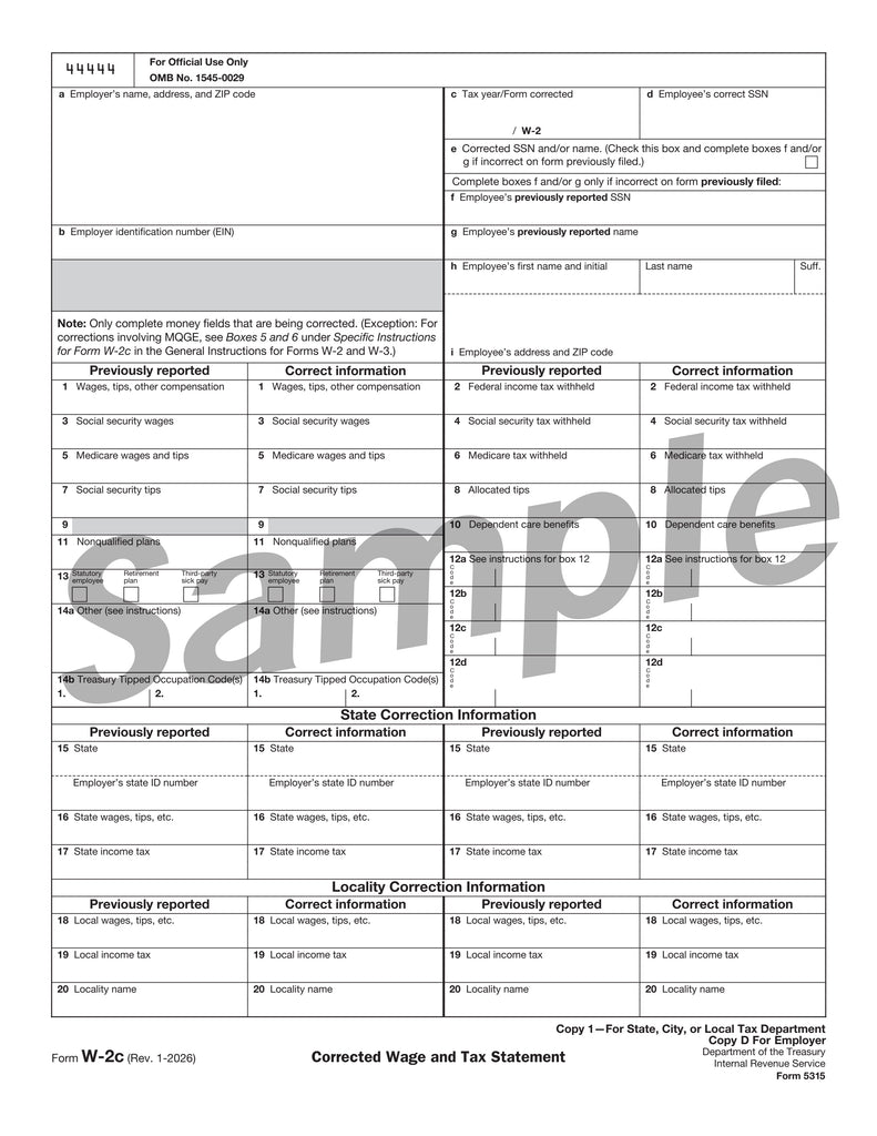 W-2C Employer State, City or Local Copy 1 or D, Corrected Income