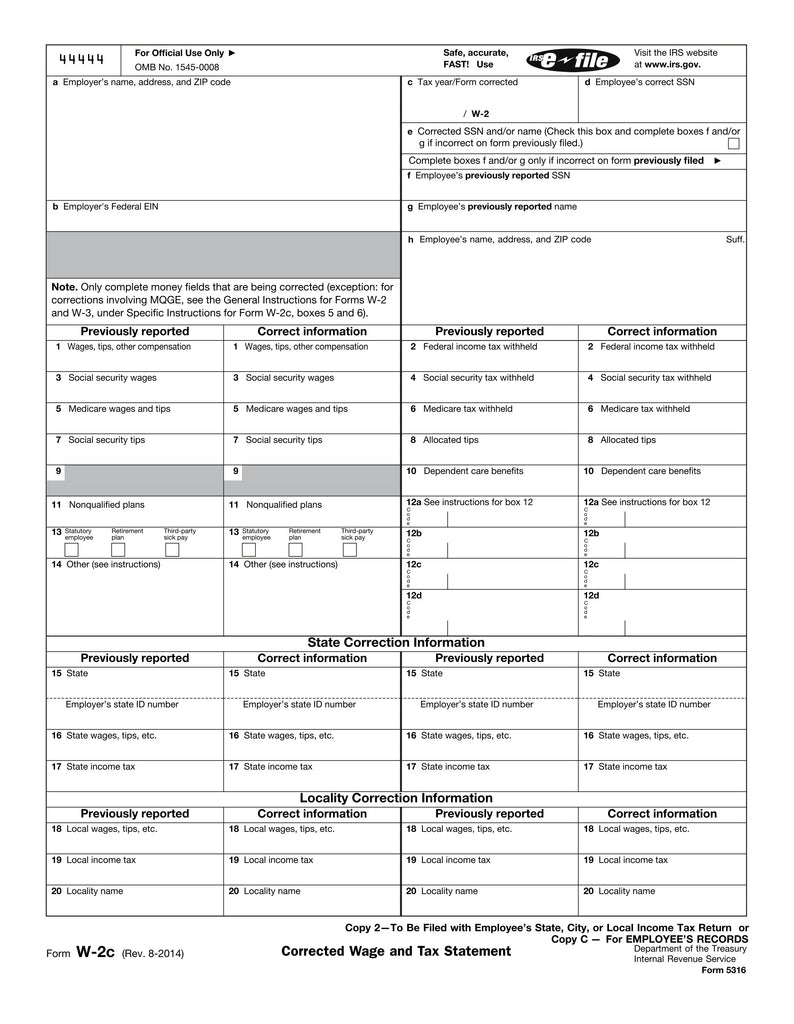 W-2C Employee Copy 2 or C, Corrected Income