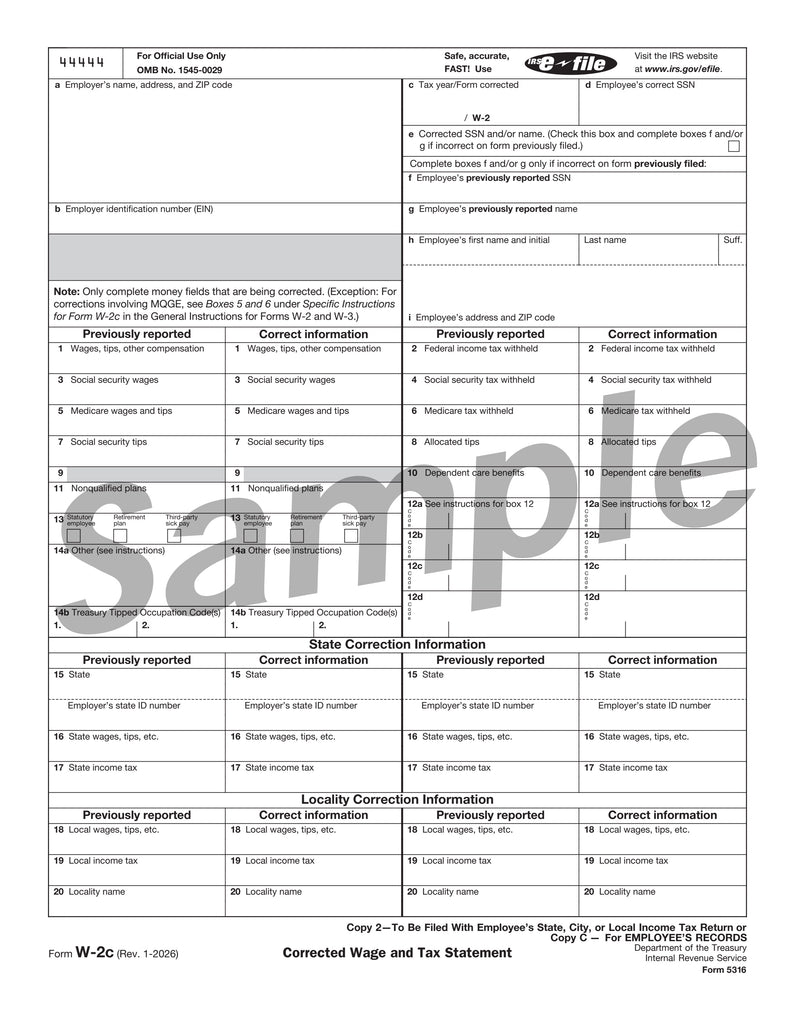 W-2C Employee Copy 2 or C, Corrected Income