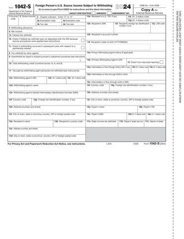 2024 1042S Federal Copy A, Foreign Person's U.S. Source Withholding