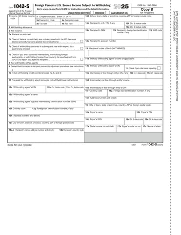 2025 1042S Recipient Copy B, Foreign Person's U.S. Source Withholding