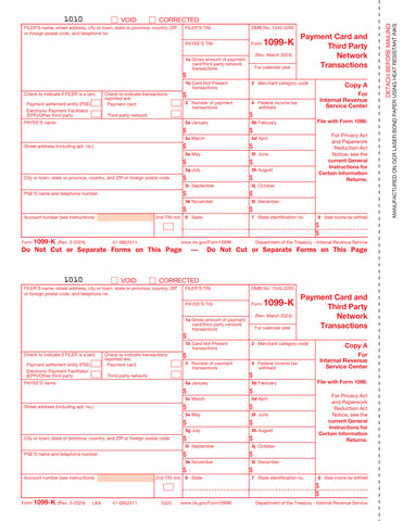 1099-K, 2-Up, Federal Copy A, Merchant Card