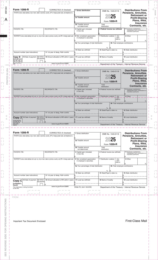 1099-R, 3-Up Horizontal, Copy B,2 & C, Eccentric Z-Fold, 14" (500 Forms)