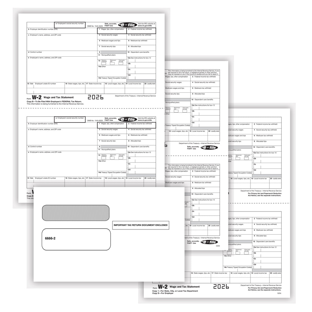 W-2 Set, 5-Part, 2-Up with Envelopes