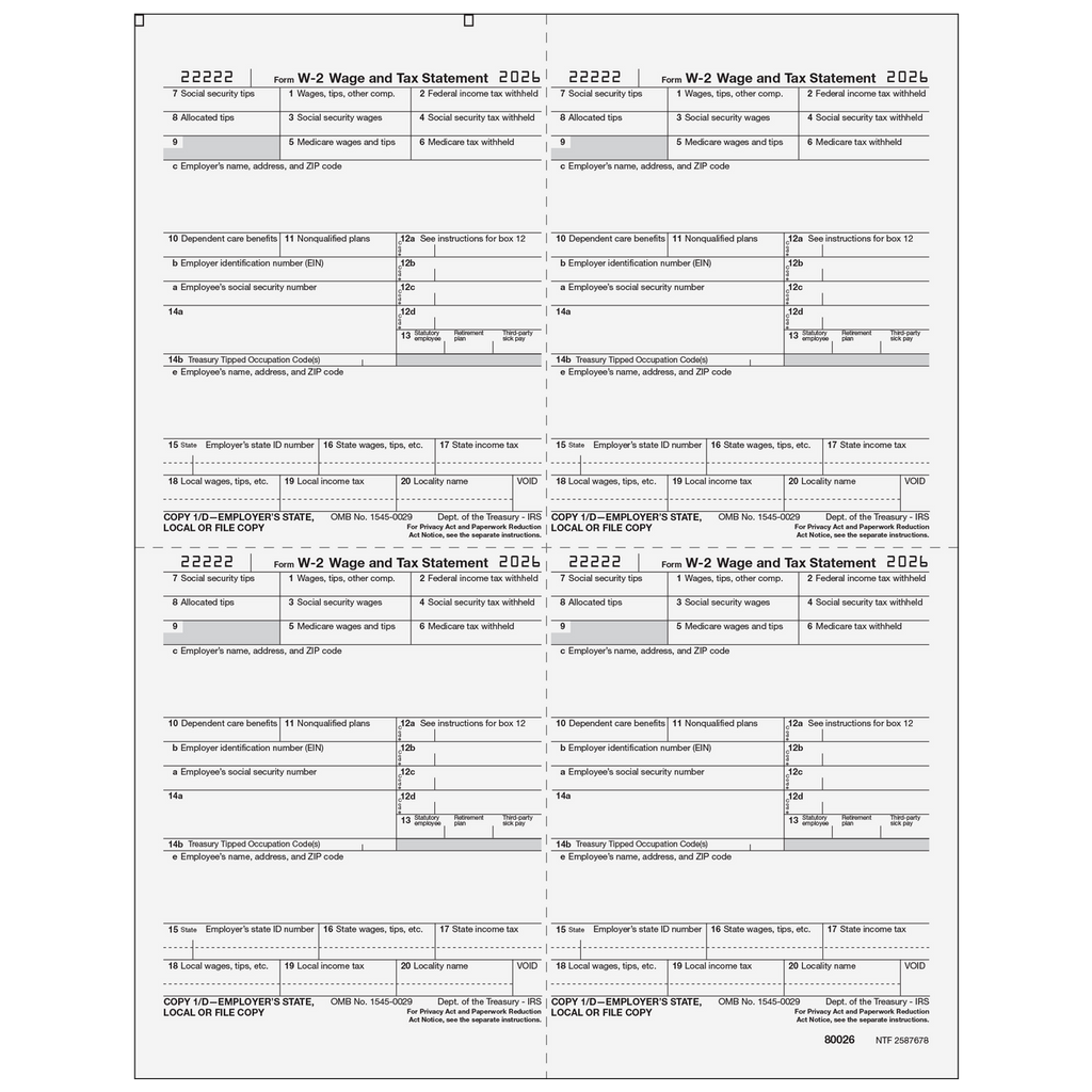 W-2, 4-Up Box, Employer Copy D or 1 State/City or Local (W Style)