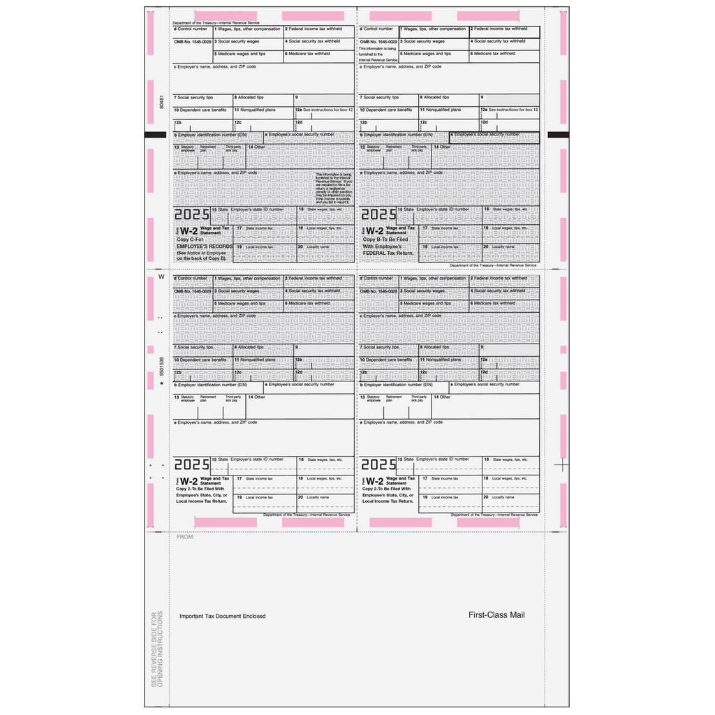 W-2, Employee Copy B,C,2 or Extra Copy, 4-Up Box, 14" Eccentric, Z-Fold (500 Forms)