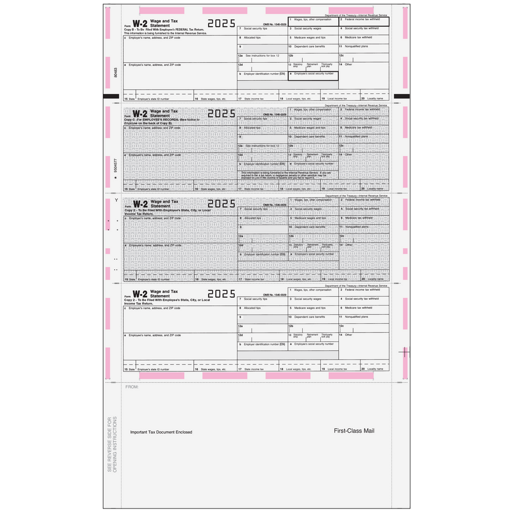 W-2, Employee Copy B,C,2 or Extra Copy, 4-Up Horizontal, 14" Eccentric, Z-Fold (500 Forms)