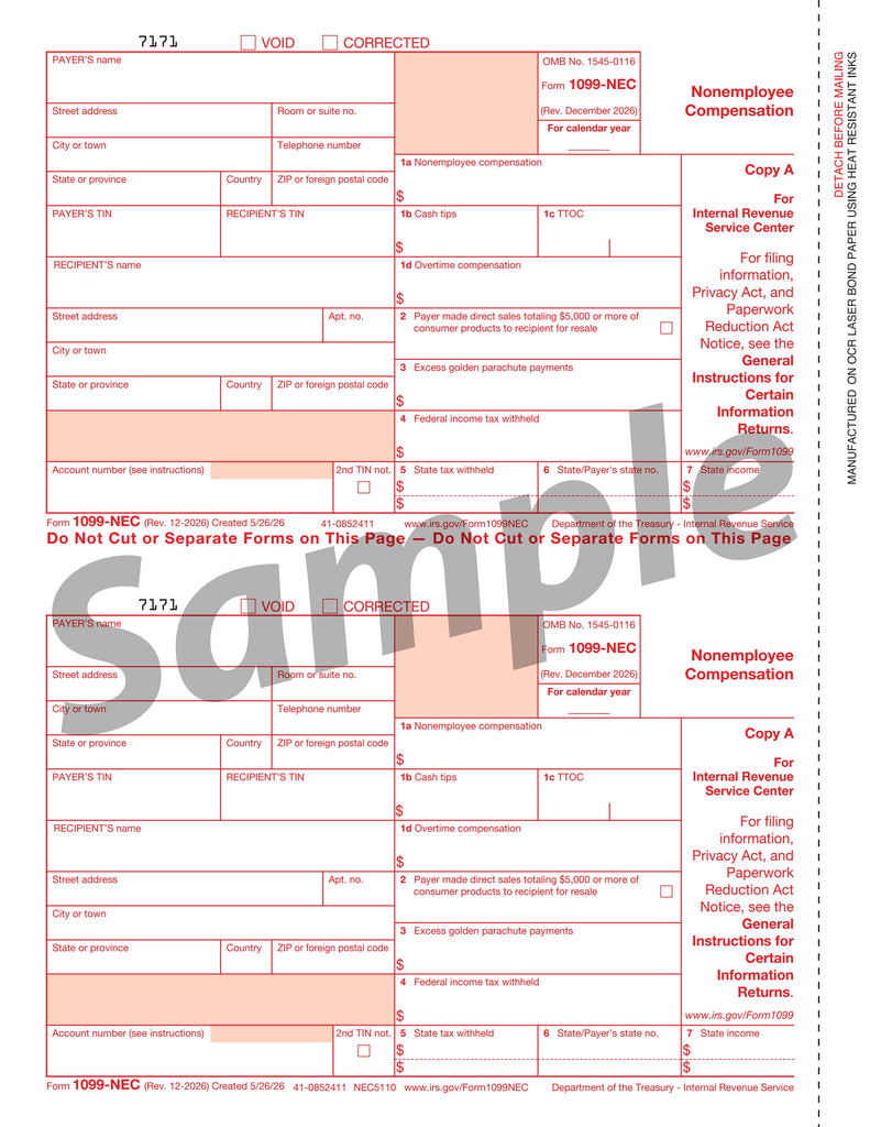 1099-NEC, Federal Copy A, 3-Up