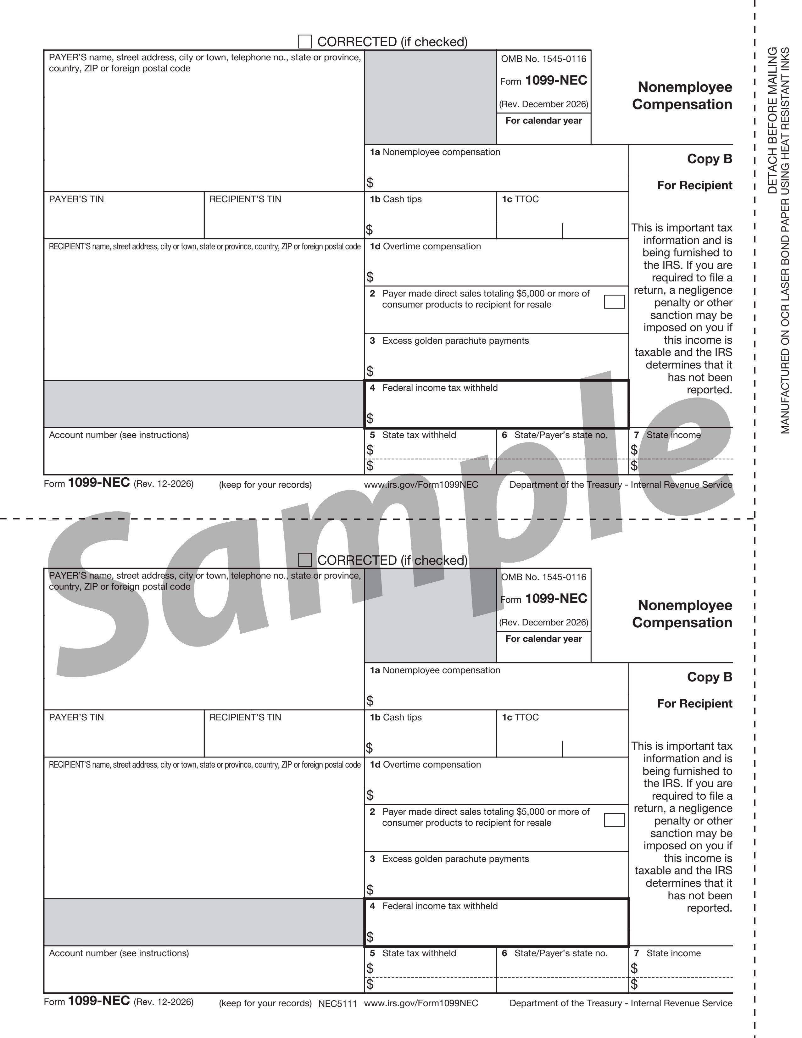1099-NEC, Recipient Copy B, 3-Up, NEC5111 – W-2TaxForms.com