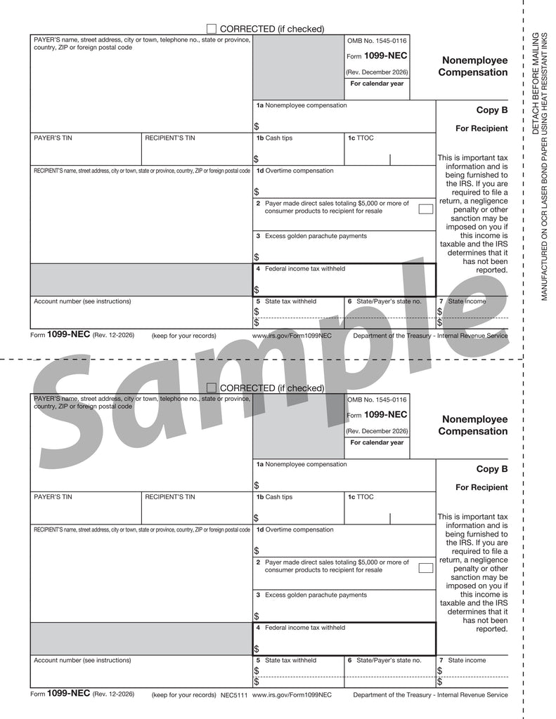 1099-NEC, Recipient Copy B, 3-Up