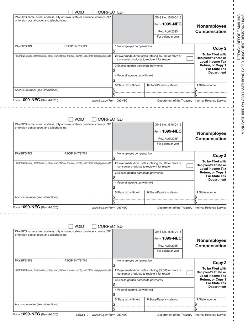 1099-NEC, Payer/State Copy C, 3-Up