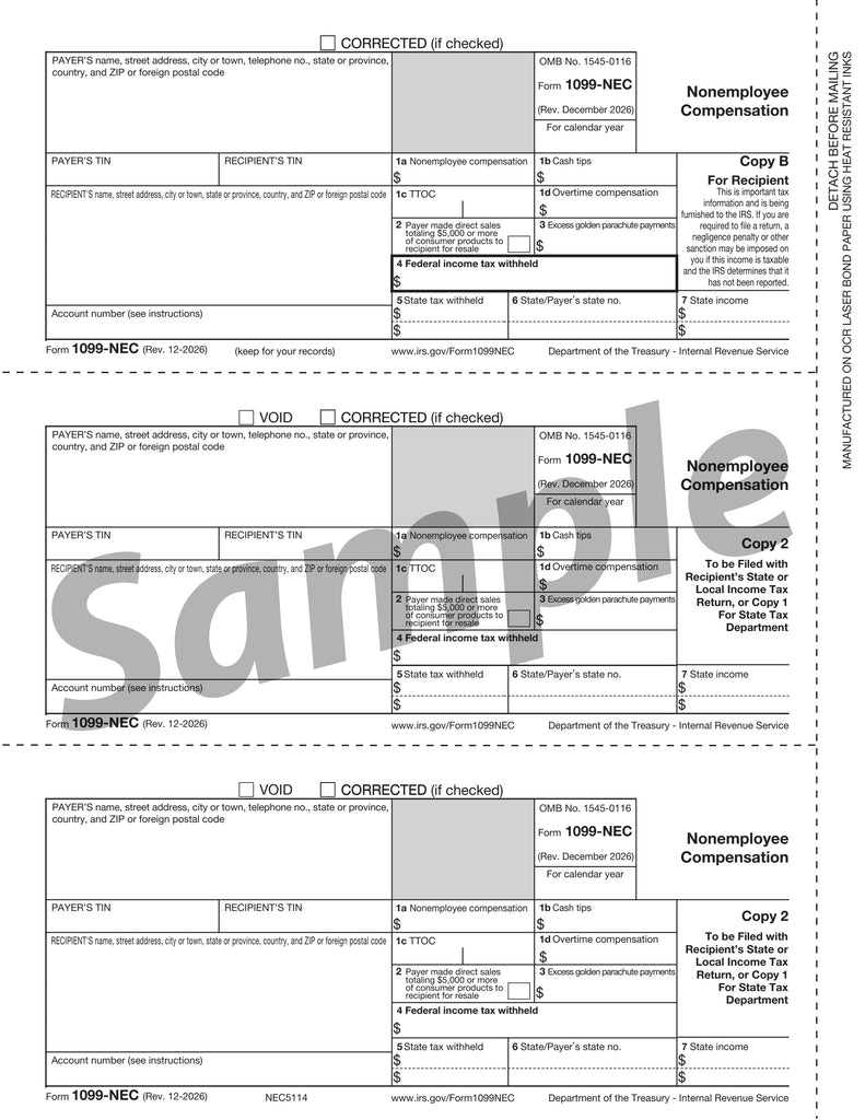 1099-NEC, Rec Copy B, Payer/State Copy C & State/Extra File Copy