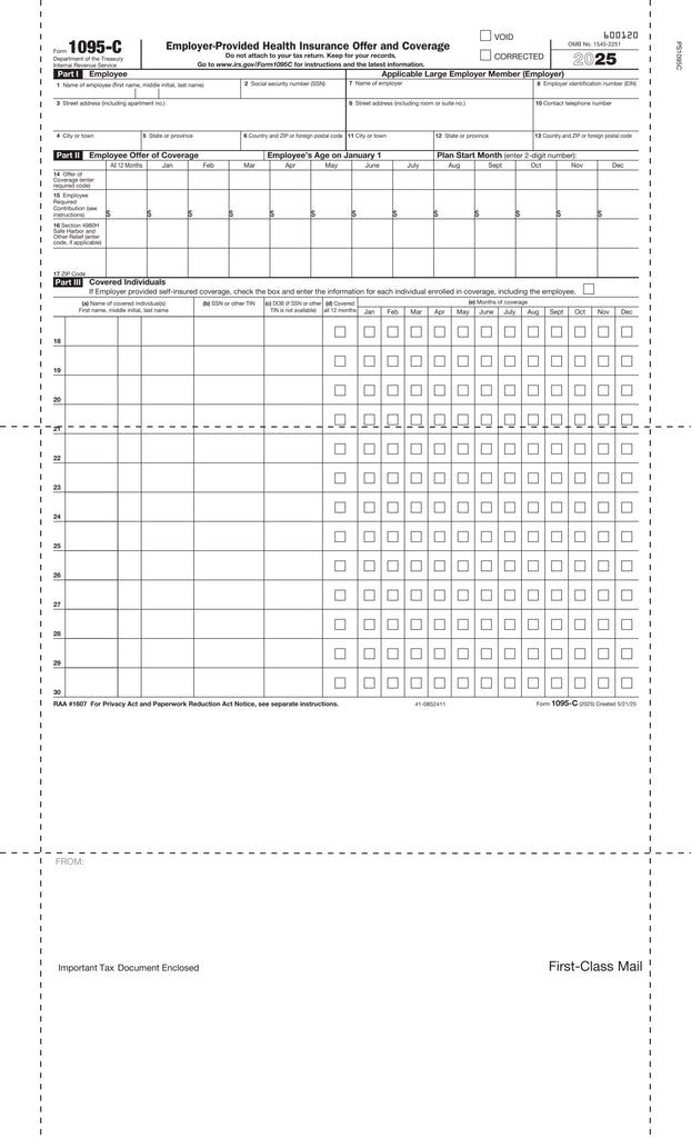 1095-C Employee Provided Health Insurance Offer & Coverage, Pressure Seal, E-Z Fold