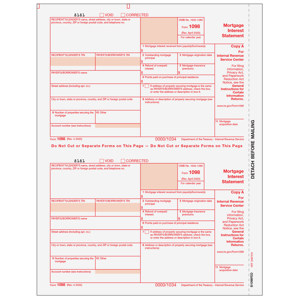 1098-Mortgage Interest, 2-Up, Fed Copy A