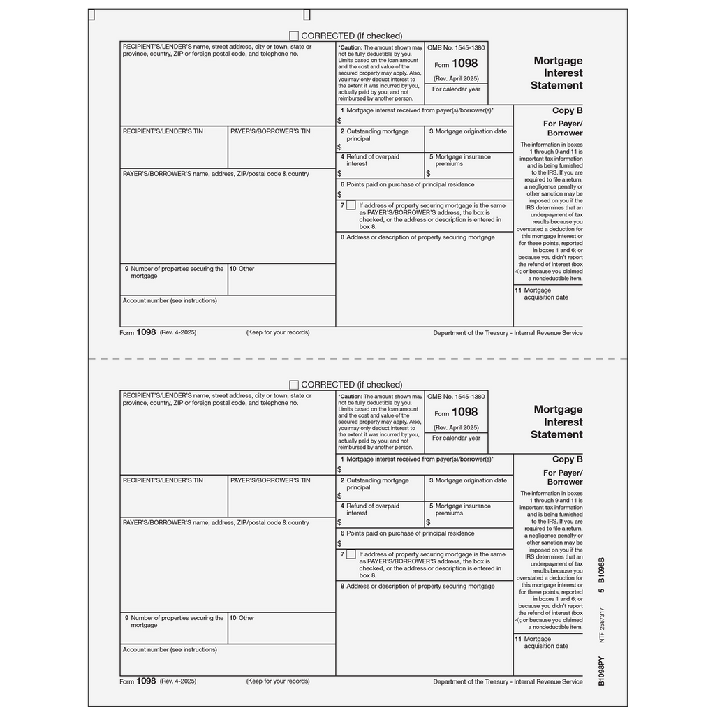 1098-Mortgage Interest, 2-Up, Payer/Borrower Copy B