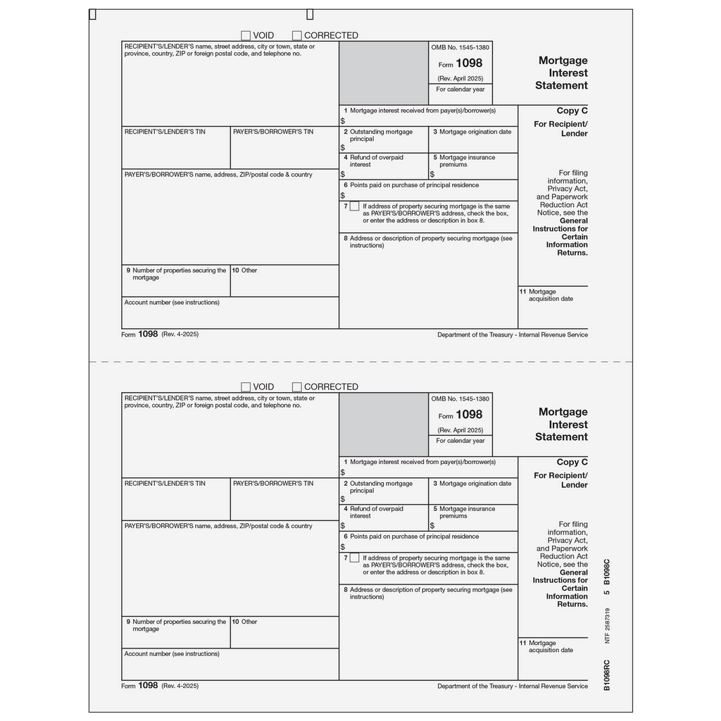 1098-Mortgage Interest, 2-Up, Rec/Lender or State Copy C