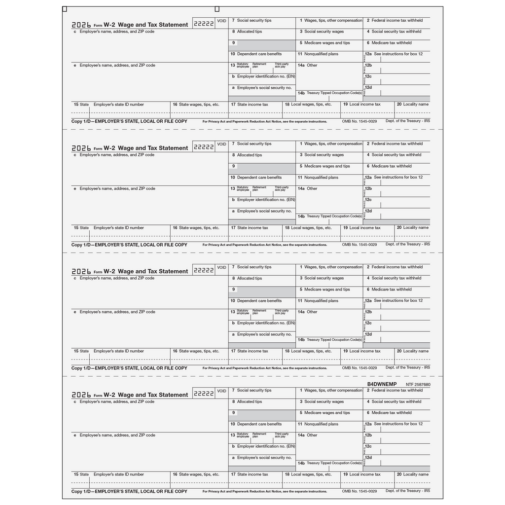 W-2, 4-Up Horizontal, Employer Copy D or 1 State/City or Local