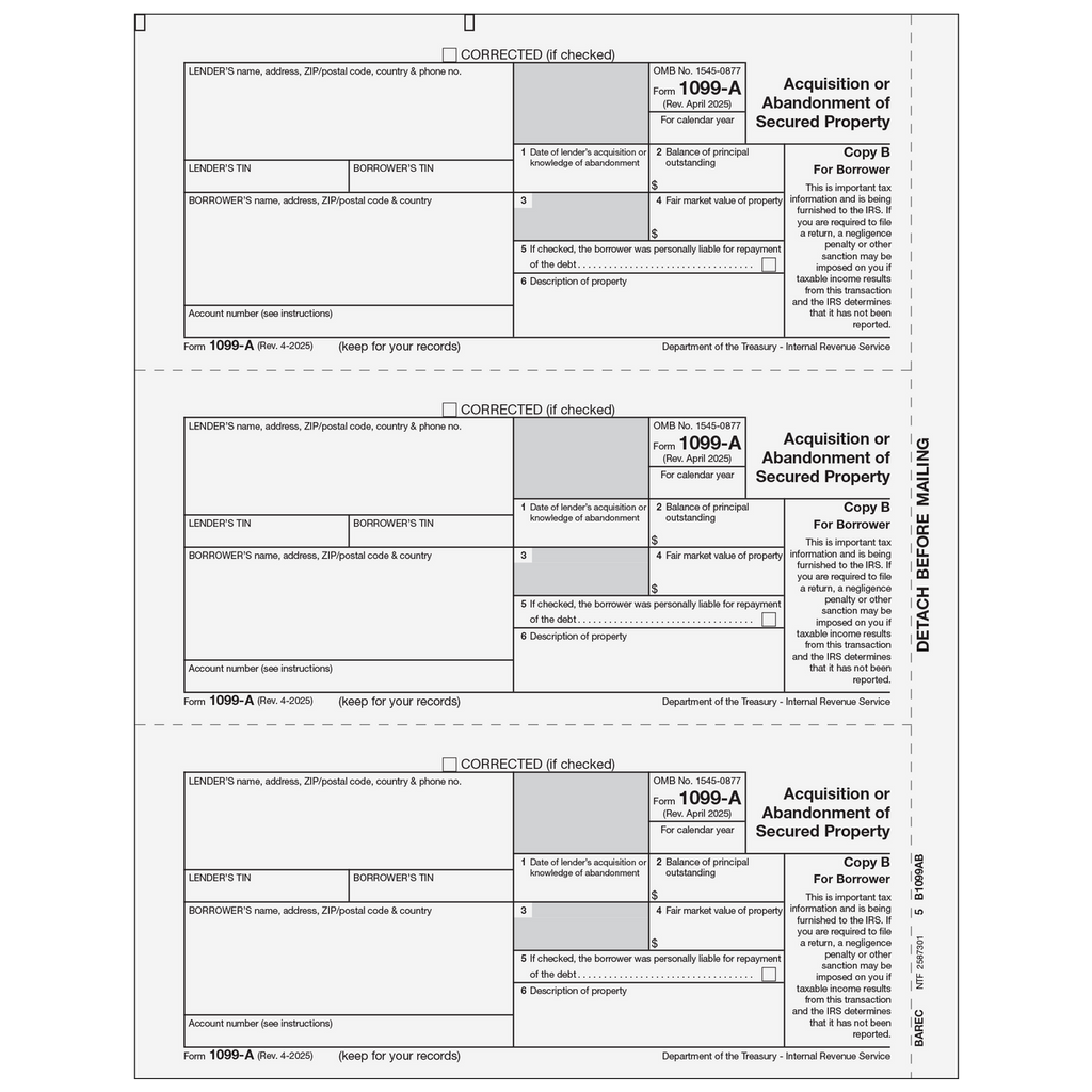 1099-A, 3-Up, Borrower Copy B