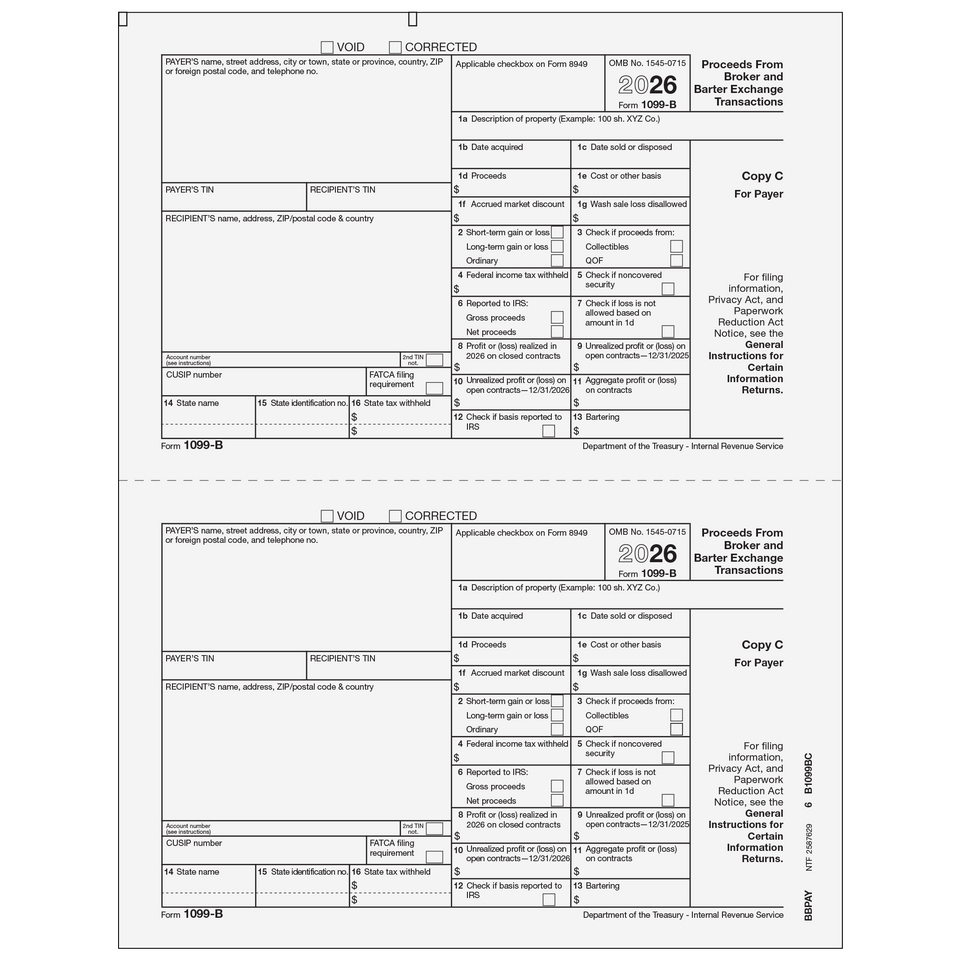 1099-B, 2-Up, Payer or State Copy C