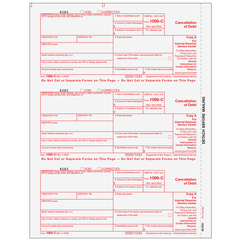 1099-C, 3-Up, Federal Copy A