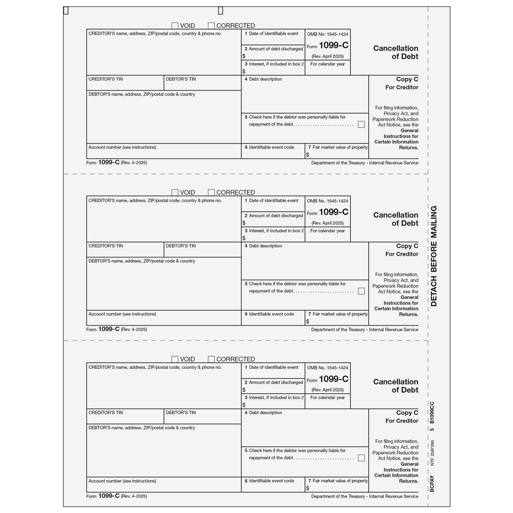 1099-C, 3-Up, Creditor or State Copy C