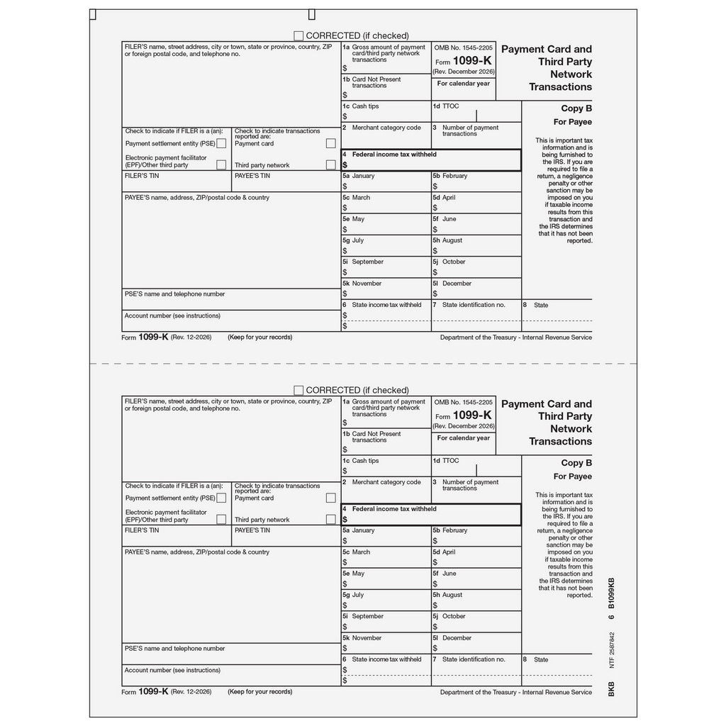 1099-K, 2-Up, Payee Copy B, Merchant Card