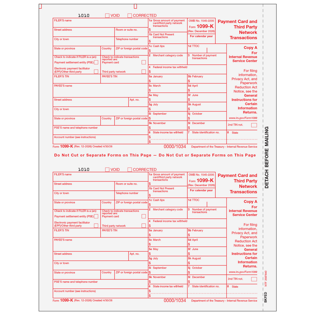 1099-K, 2-Up, Federal Copy A, Merchant Card