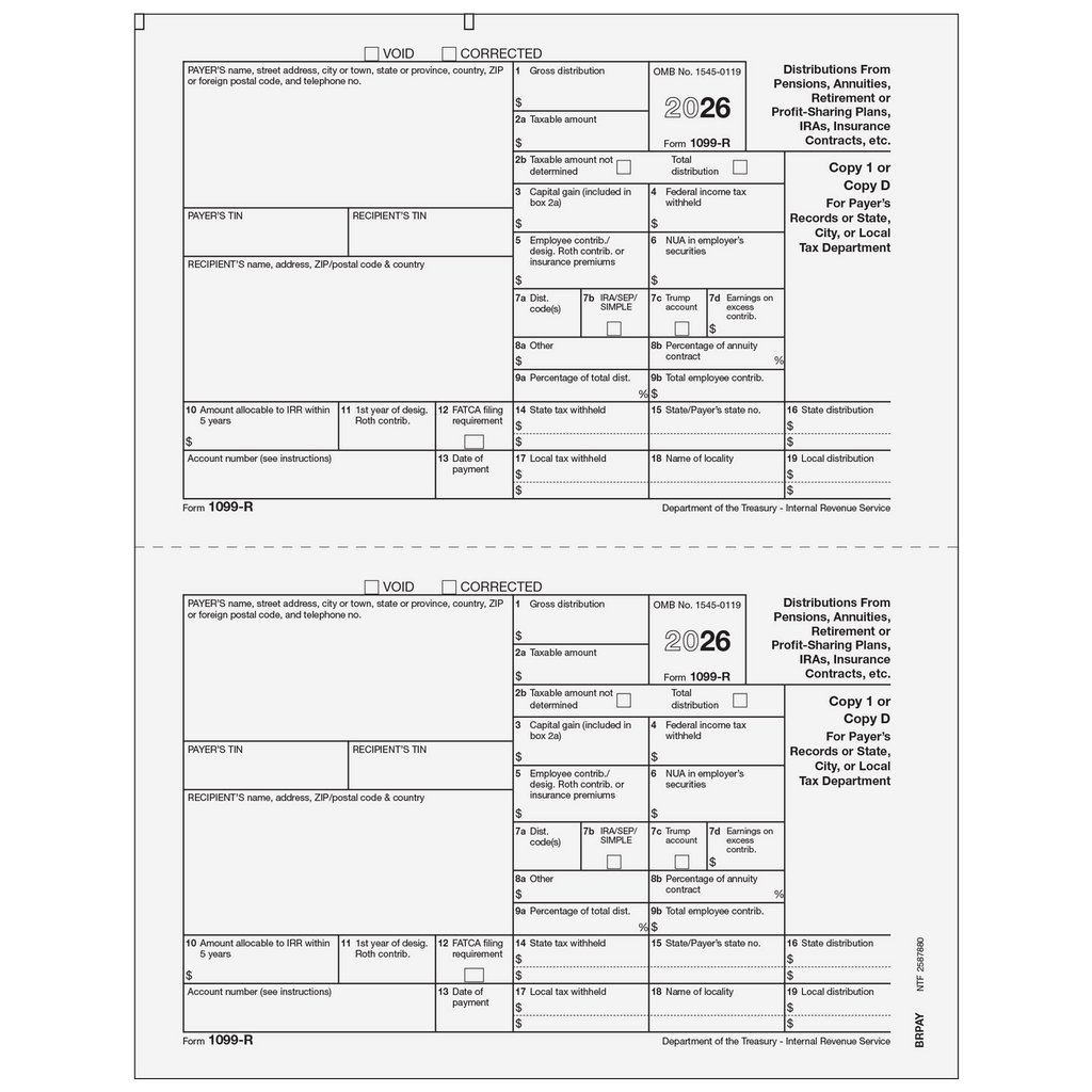 1099-R, 2-Up, Payer Copy D and/or State, City or Local Copy