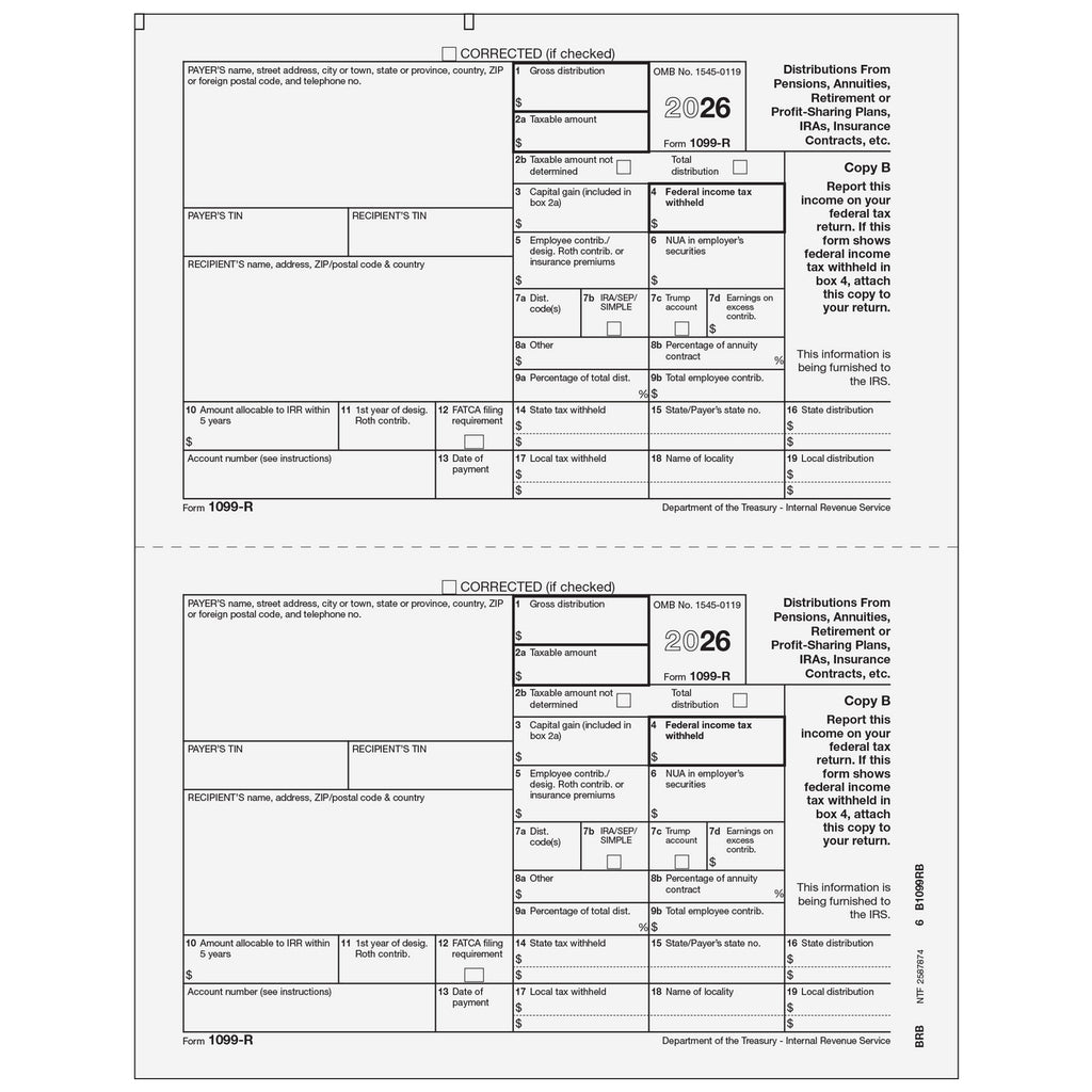 1099-R, 2-Up, Rec Copy C and/or State, City or Local Copy