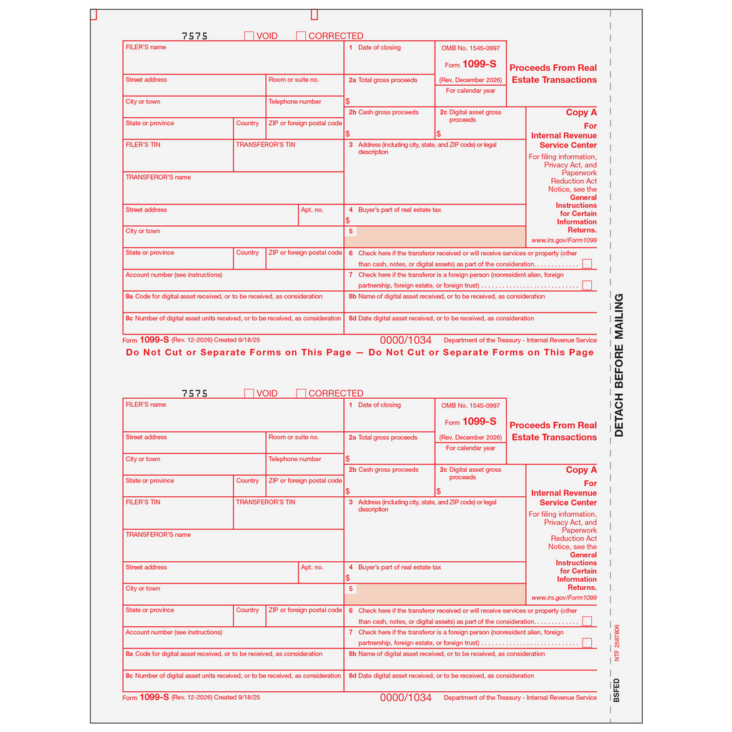 1099-S, 3-Up, Fed Copy A, Proceeds from Real Estate Transactions