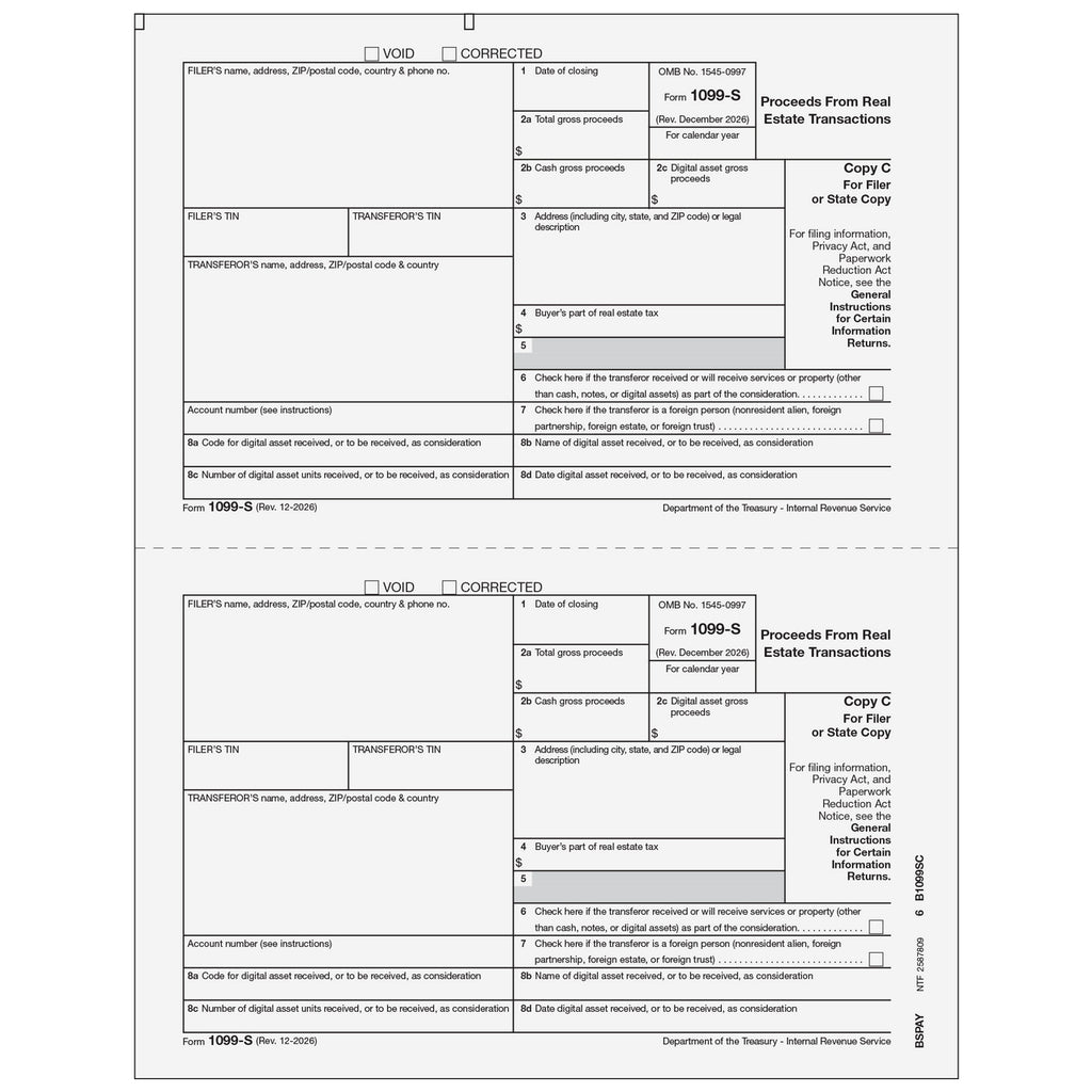 1099-S, 3-Up, Filer or State Copy C, Proceeds from Real Estate Transactions