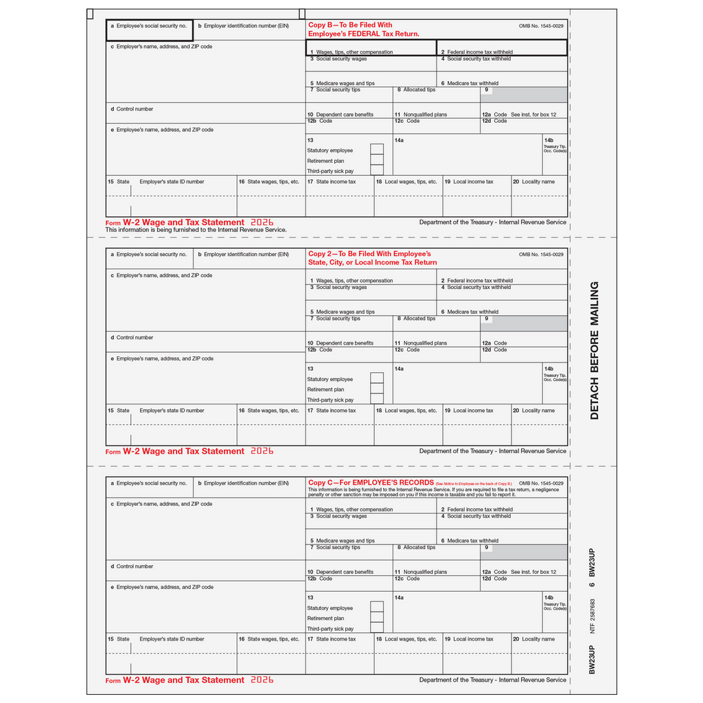 W-2, 3-Up Horizontal, Employee Copy B,C and 2