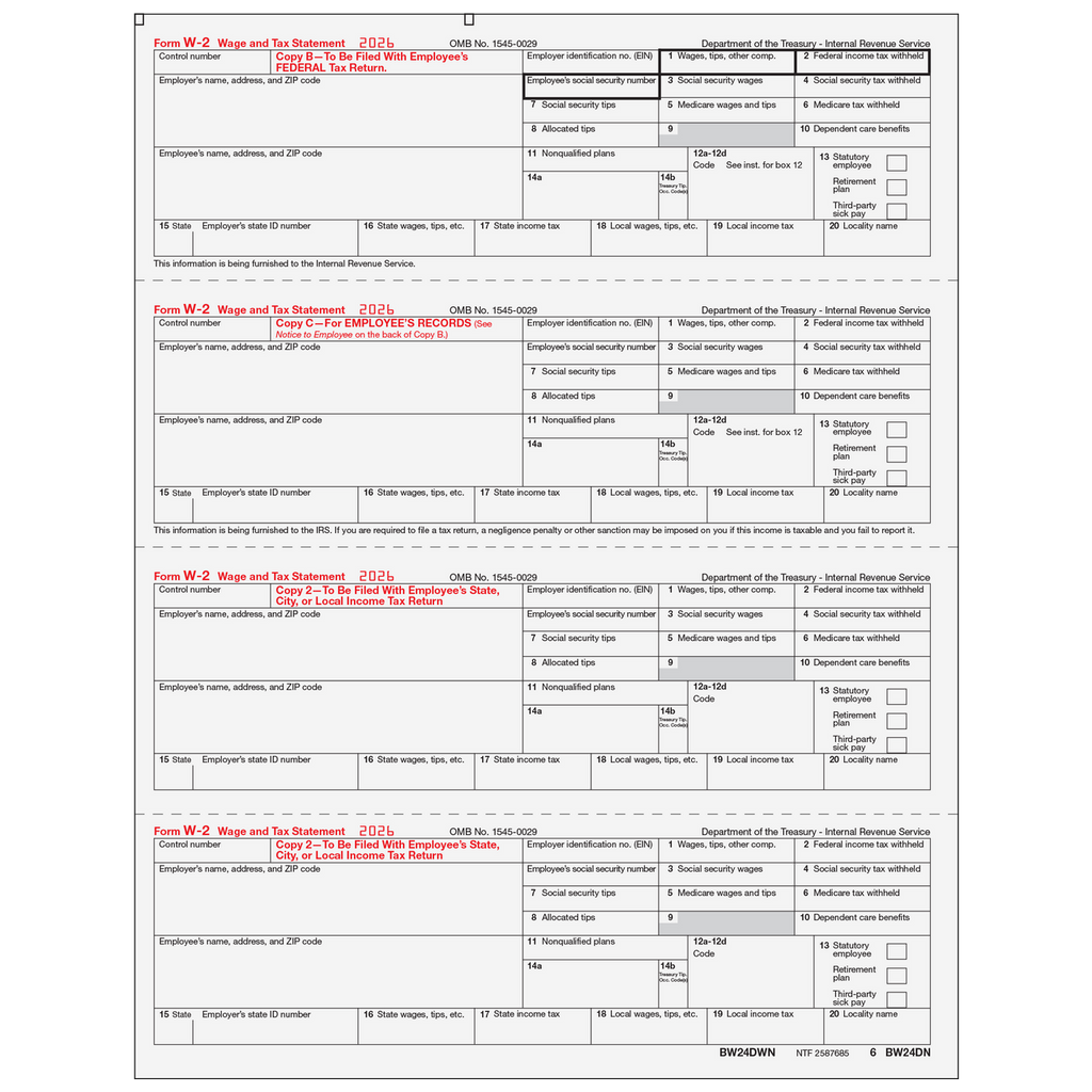 W-2, 4-Up Horizontal, Employee Copy B,C,2,2 or Extra Copy (N Style)