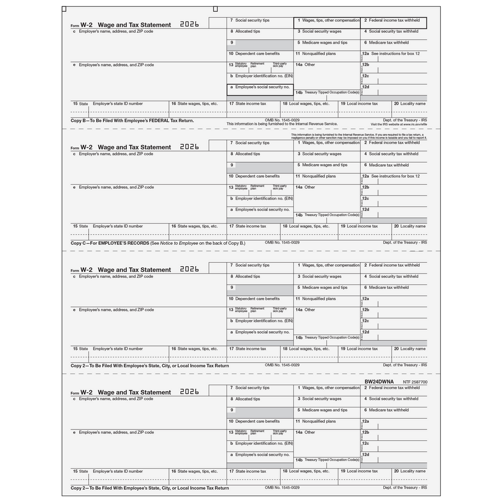W-2, 4-Up Horizontal, Employee Copy B,C,2,2 or Extra Copy