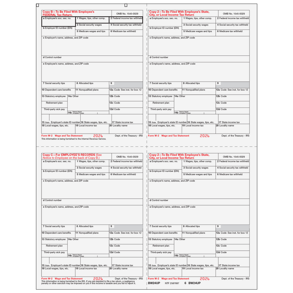 W-2, 4-Up Box, Employee Copy B,C,2 and 2 or Extra Copy