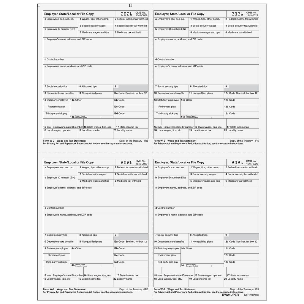 W-2, 4-Up Box, Employer Copy D or 1 State/City or Local