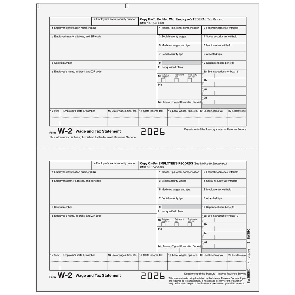 W-2, 2-Up, Employee Copy B and C Combined