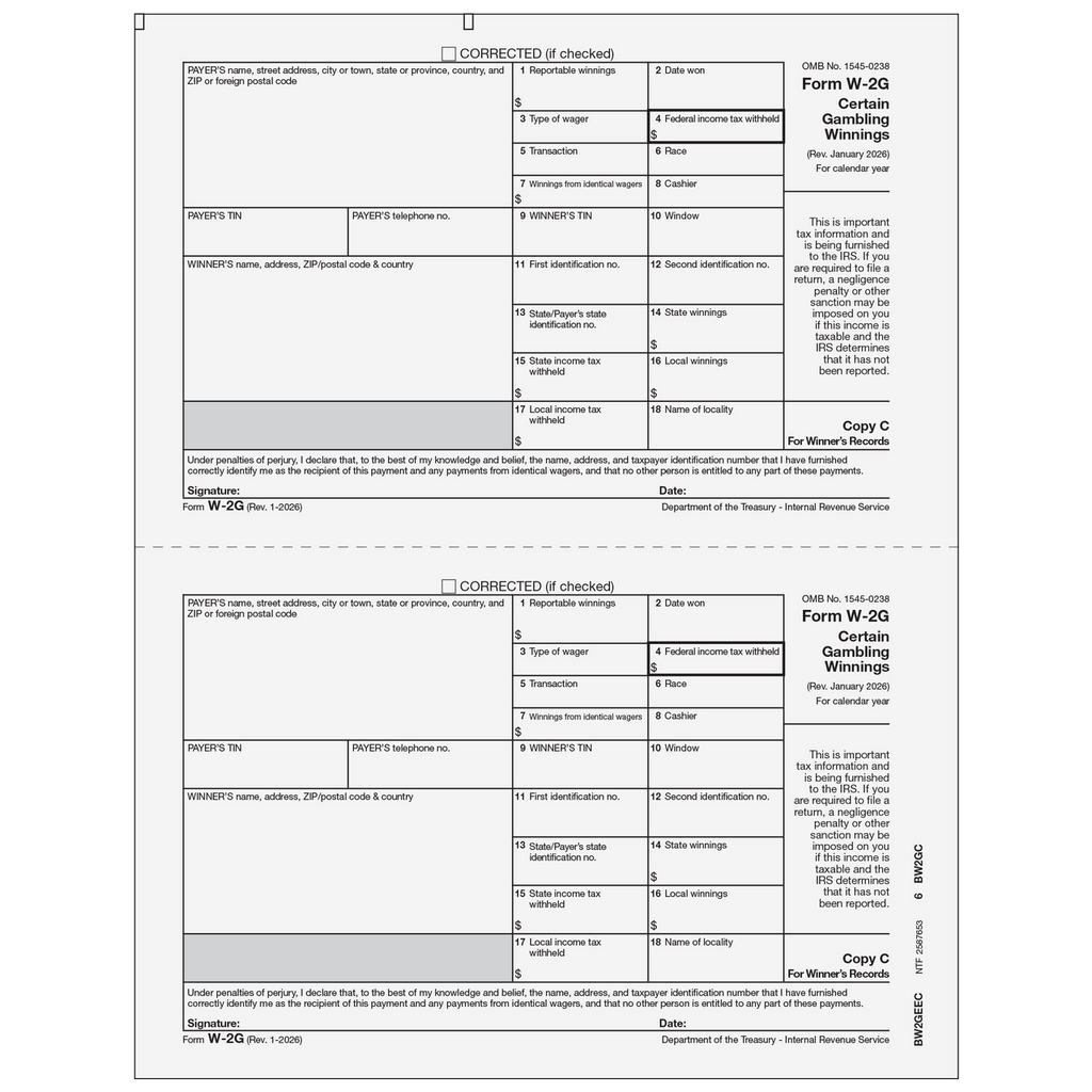 W-2G, Gambling Winnings, Copy C/2 (DATELESS)