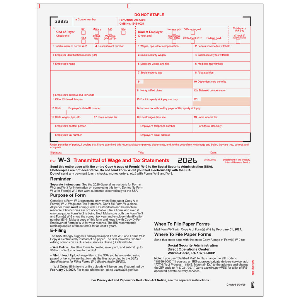 W-3 Transmittal of Income, 2-Part, 1-Wide Carbonless