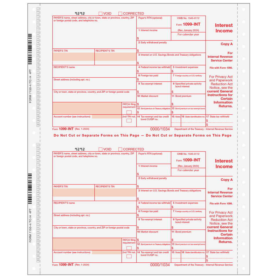 1099-INT, 4-Part, 1-Wide, w/ State Copy