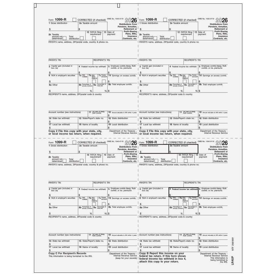 1099-R, 4-Up Box, Recipients Copy B, C and 2 File Copies